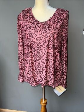 Cherry Betty Pink Leopard Ruffle Collar Long-Sleeve Blouse - Small - New!
